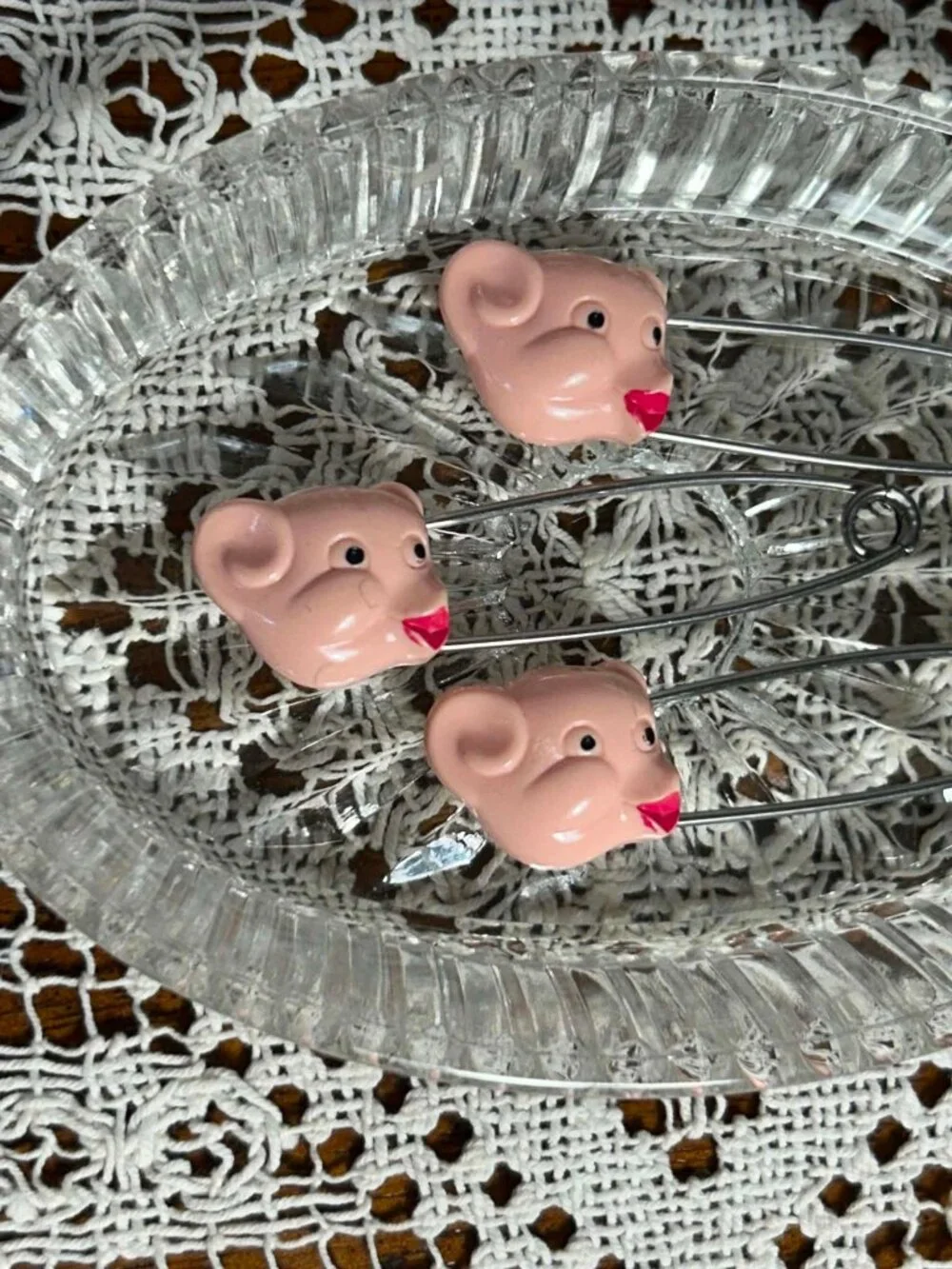 Vintage Pink Pig Head Diaper Safety Pins - Set of 3